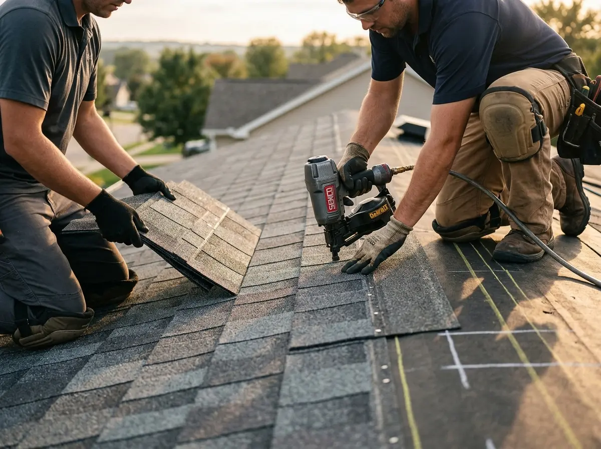 Professional roofer working on a residential roof in Tupper Lake